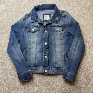 Y2K Mudd Jacket Junior Medium Blue Denim Button Front Collared Stretch Pockets